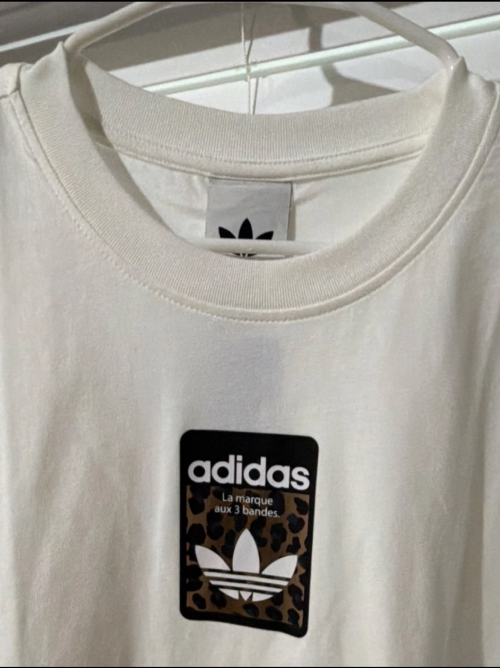 adidas Cream Short Sleeve Tee with Black & Brown Leopard Trefoil Patch